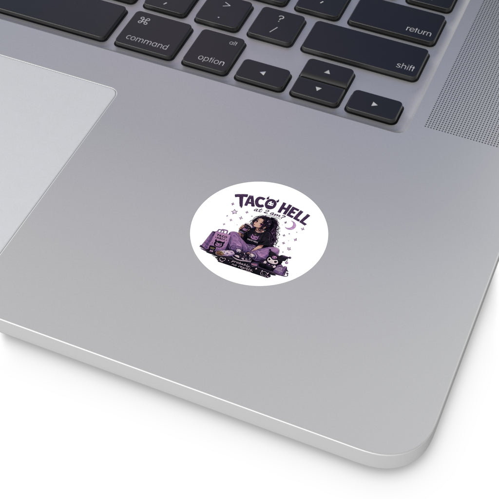 Round 'Taco Hell at 2am?' Vinyl Sticker — Cute Goth Late Night Taco Vibes