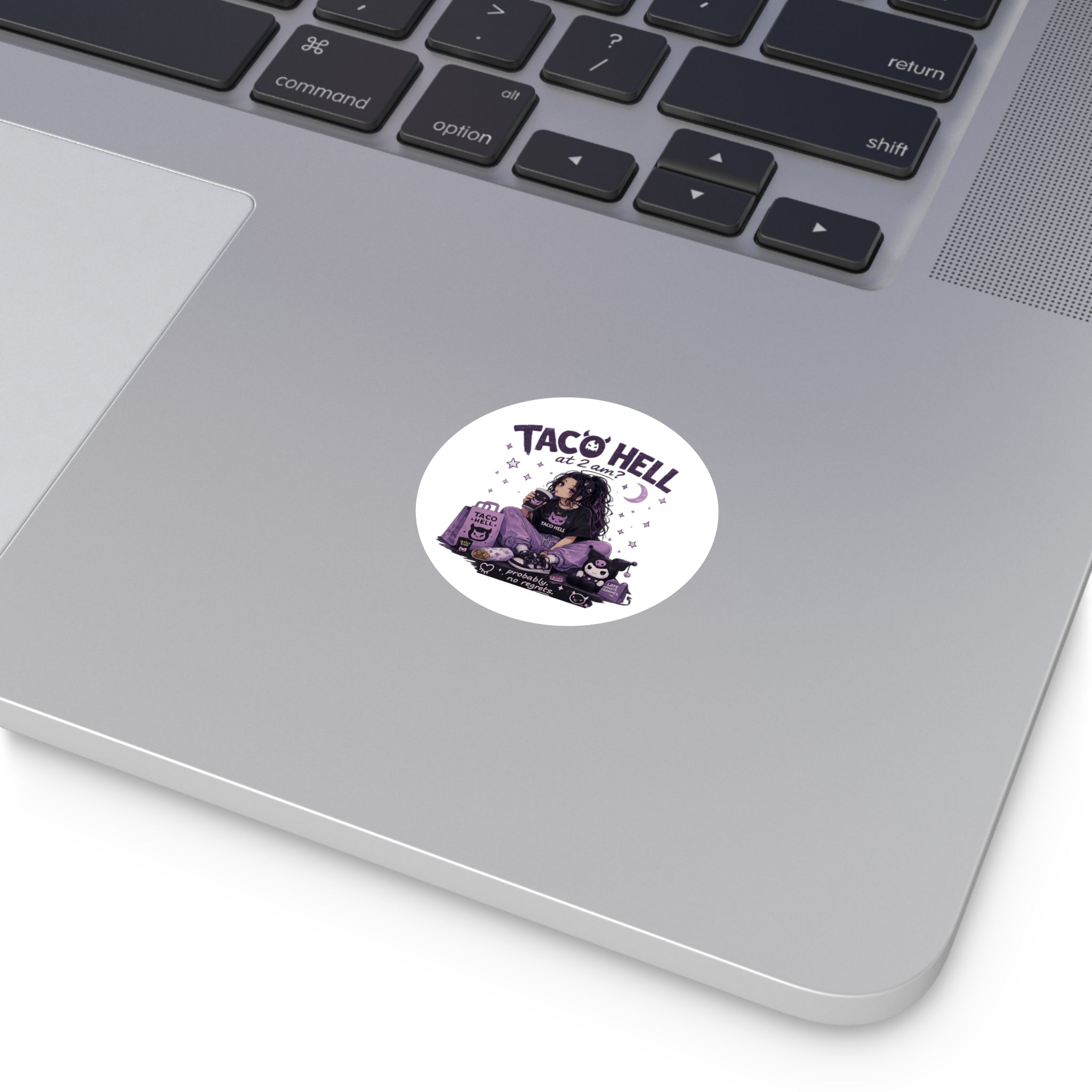 Round 'Taco Hell at 2am?' Vinyl Sticker — Cute Goth Late Night Taco Vibes