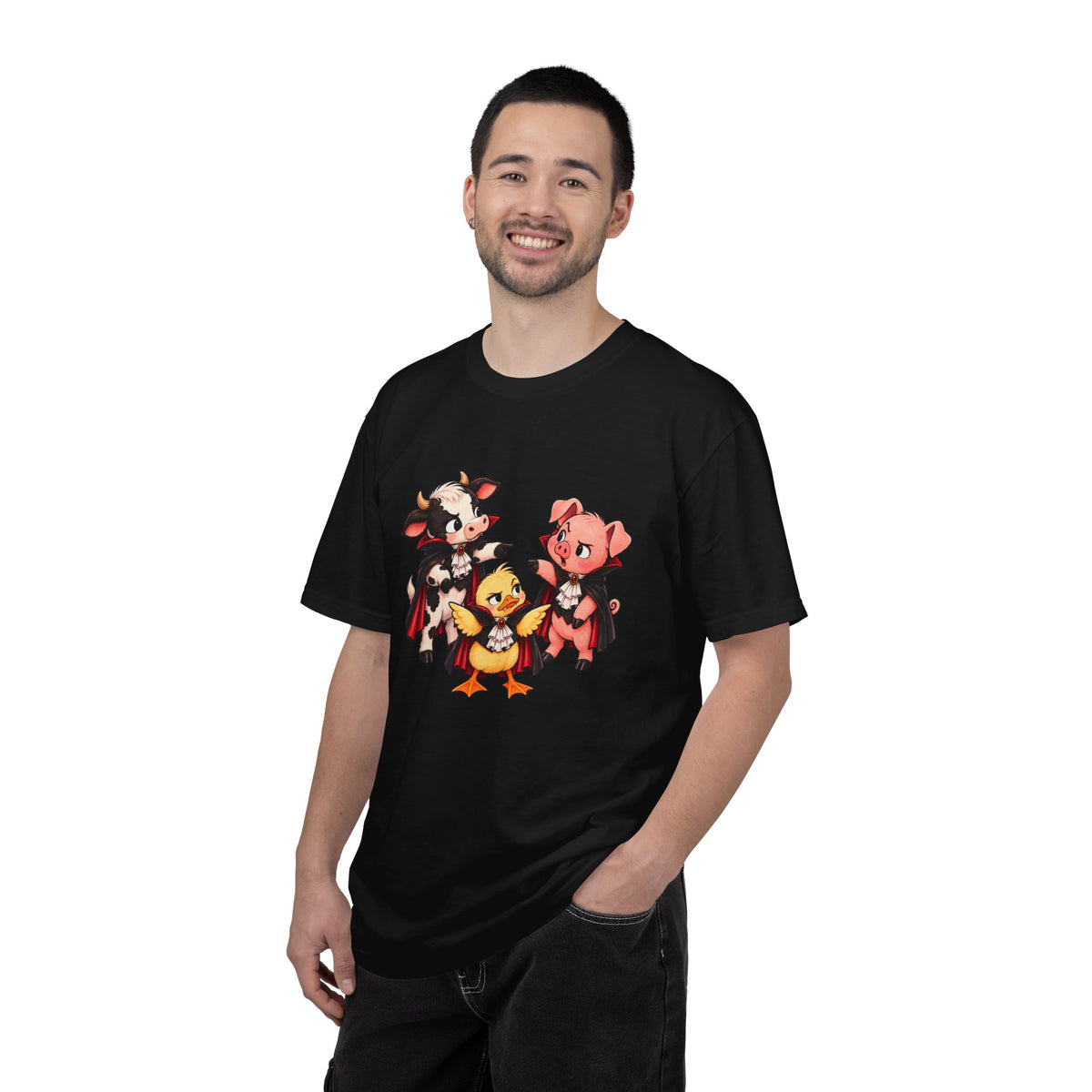 "This is why we have a wardrobe meeting first!" Cow, Pig & Chick Cartoon Graphic Tee