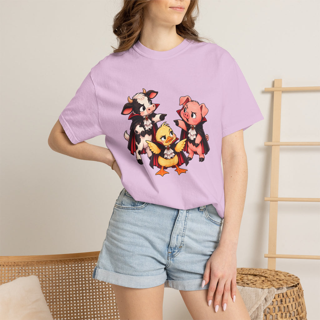 "This is why we have a wardrobe meeting first!" Cow, Pig & Chick Cartoon Graphic Tee