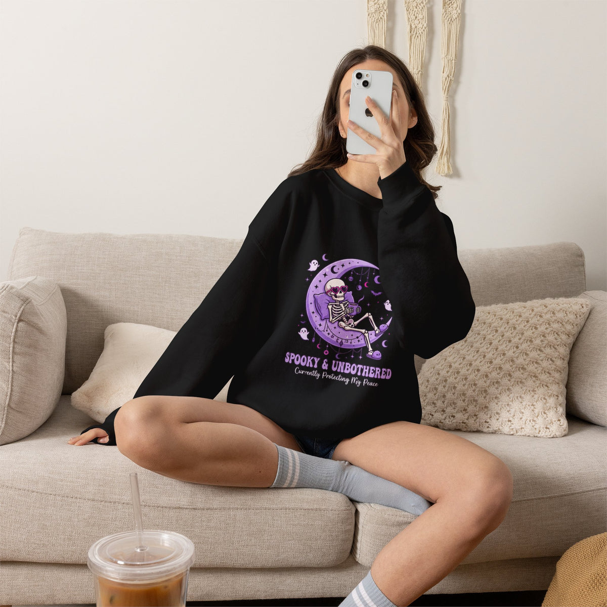 Skeleton on Moon Crewneck Sweatshirt — "Spooky & Unsocialized" Purple Gothic Graphic