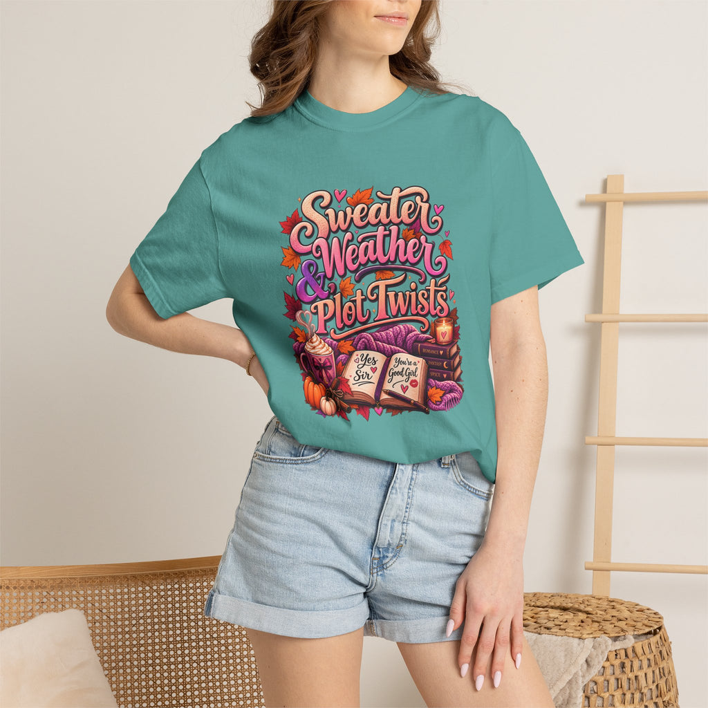 Sweater Weather Plot Twists Tee — Cozy Autumn Book Lover T-Shirt