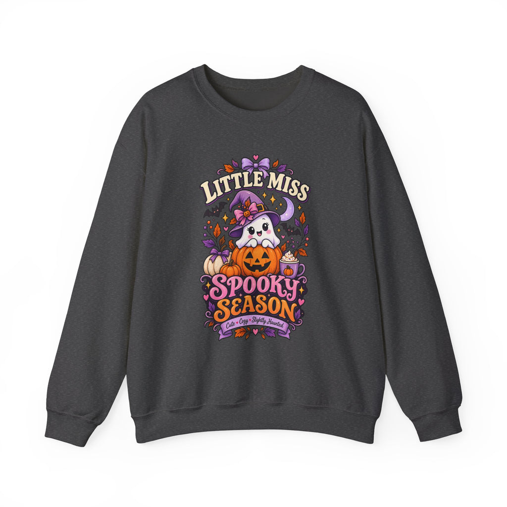 Little Miss Spooky Season Sweatshirt — Cute Halloween Ghost & Pumpkin Crewneck