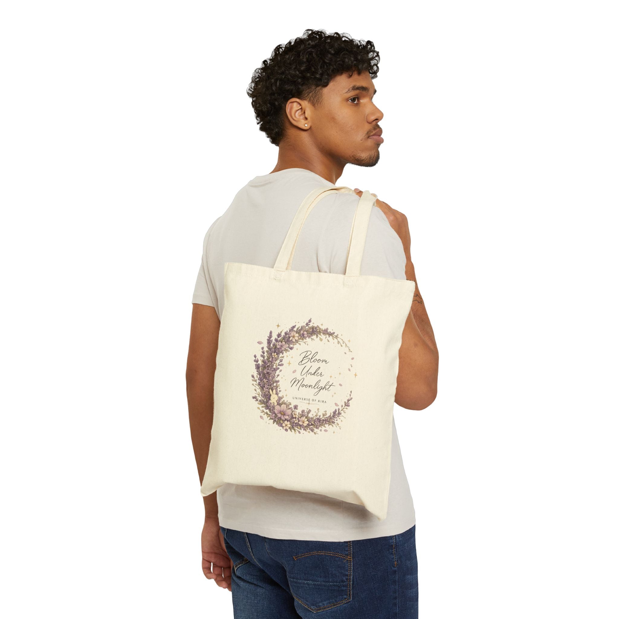 Floral Moon Wreath Tote Bag — "Bloom Under Moonlight" Cotton Canvas Market Tote