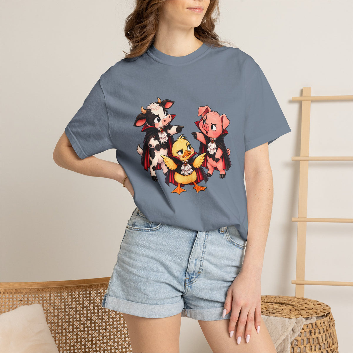 "This is why we have a wardrobe meeting first!" Cow, Pig & Chick Cartoon Graphic Tee
