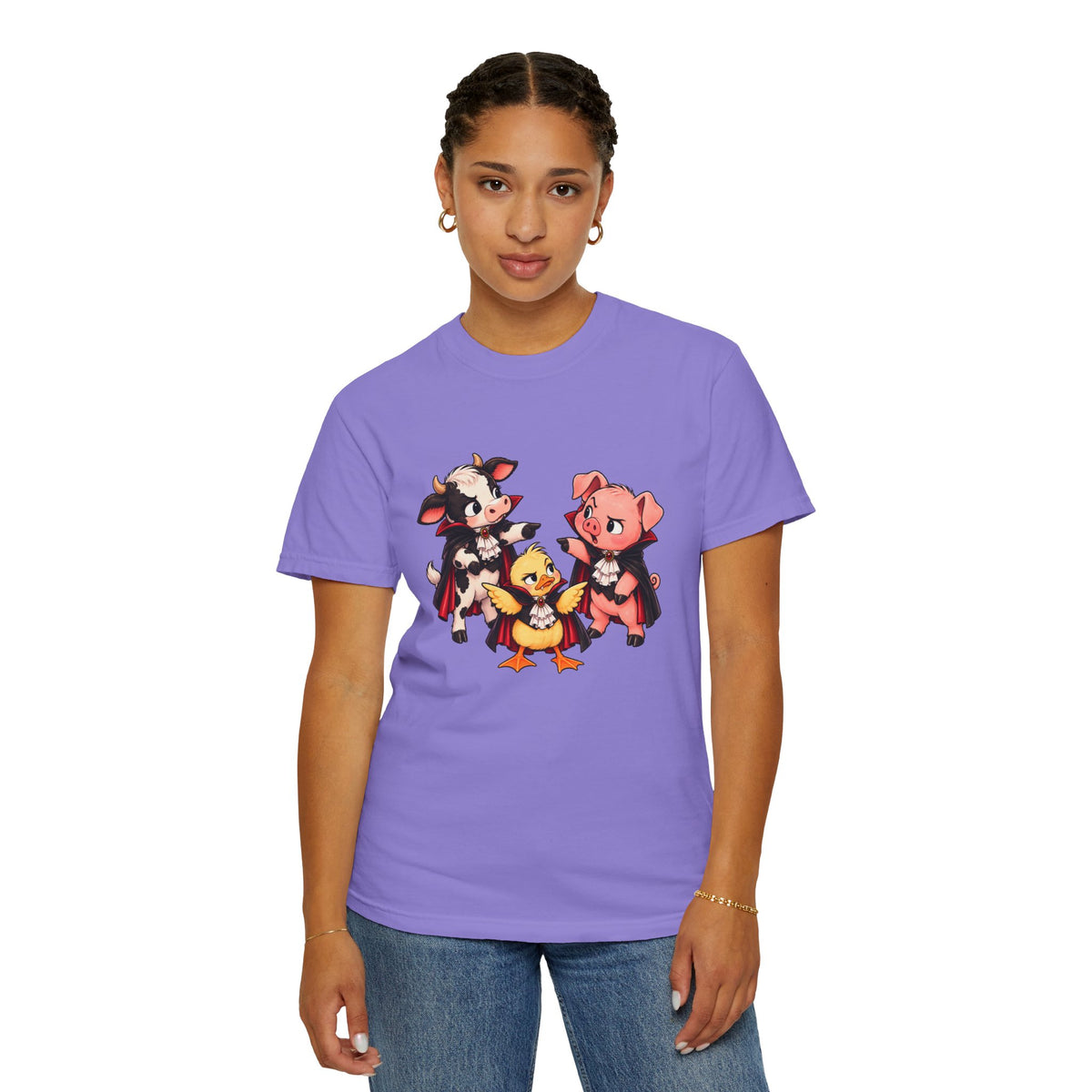 "This is why we have a wardrobe meeting first!" Cow, Pig & Chick Cartoon Graphic Tee