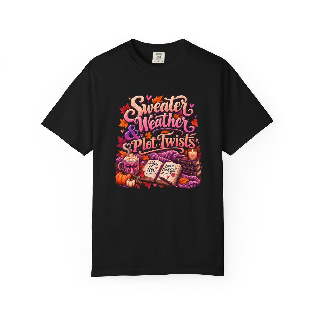 Sweater Weather Plot Twists Tee — Cozy Autumn Book Lover T-Shirt