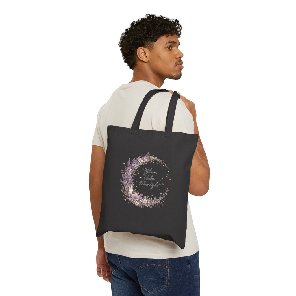 Floral Moon Wreath Tote Bag — "Bloom Under Moonlight" Cotton Canvas Market Tote