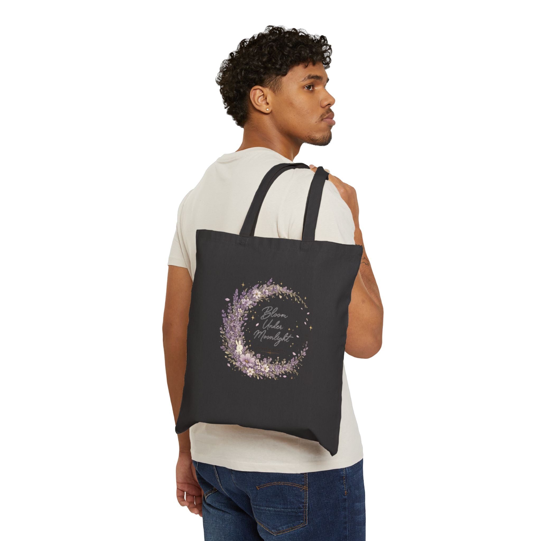 Floral Moon Wreath Tote Bag — "Bloom Under Moonlight" Cotton Canvas Market Tote