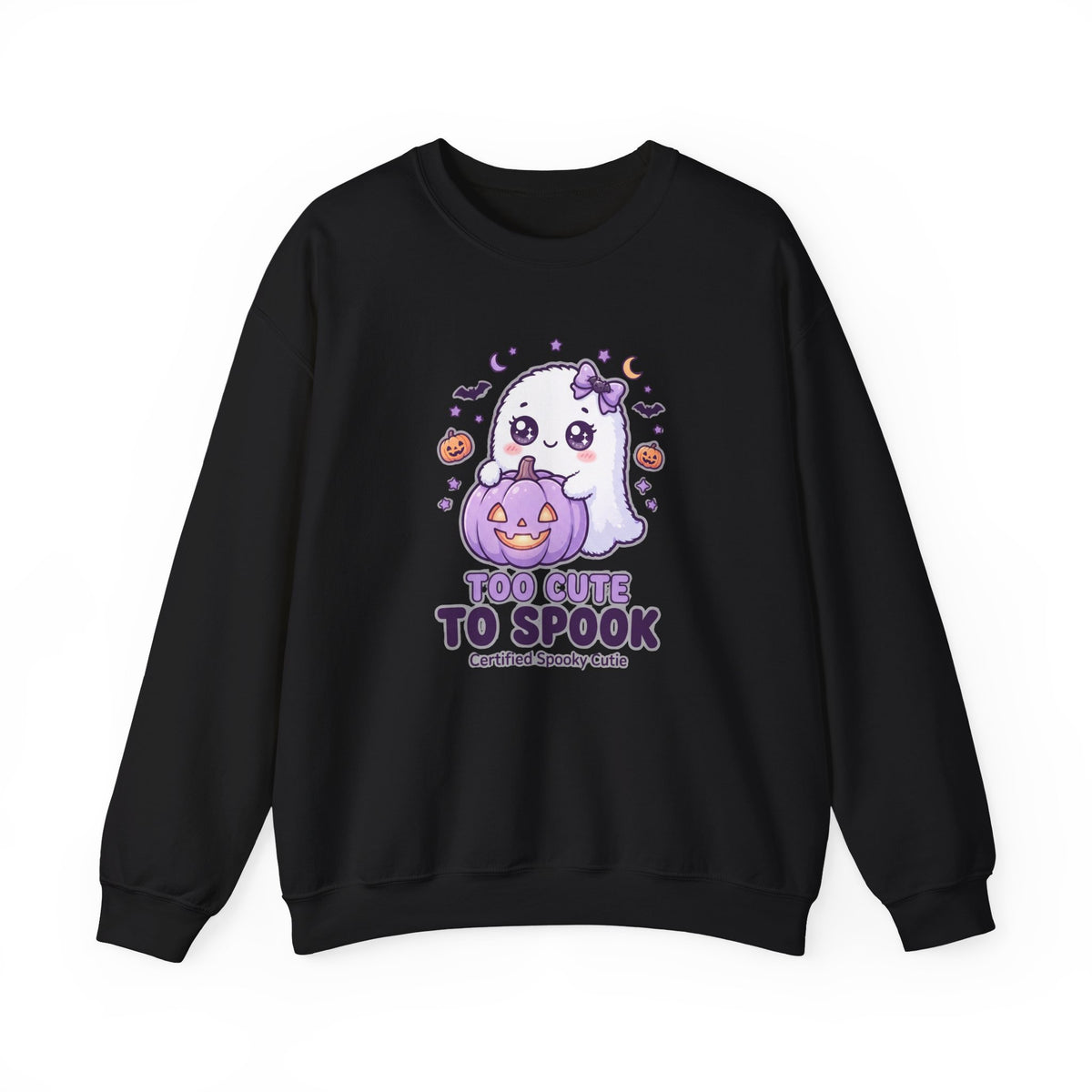 Crewneck Sweatshirt — "Too Cute to Spook" Ghost Pumpkin Halloween Pullover