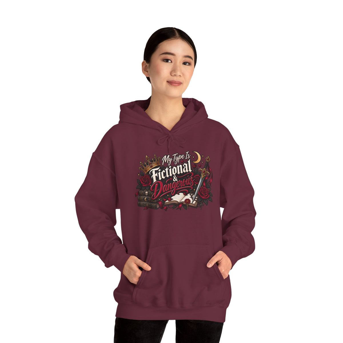 Hoodie — "My Type Is Fictional (Dangerous)" Booklover Graphic Pullover