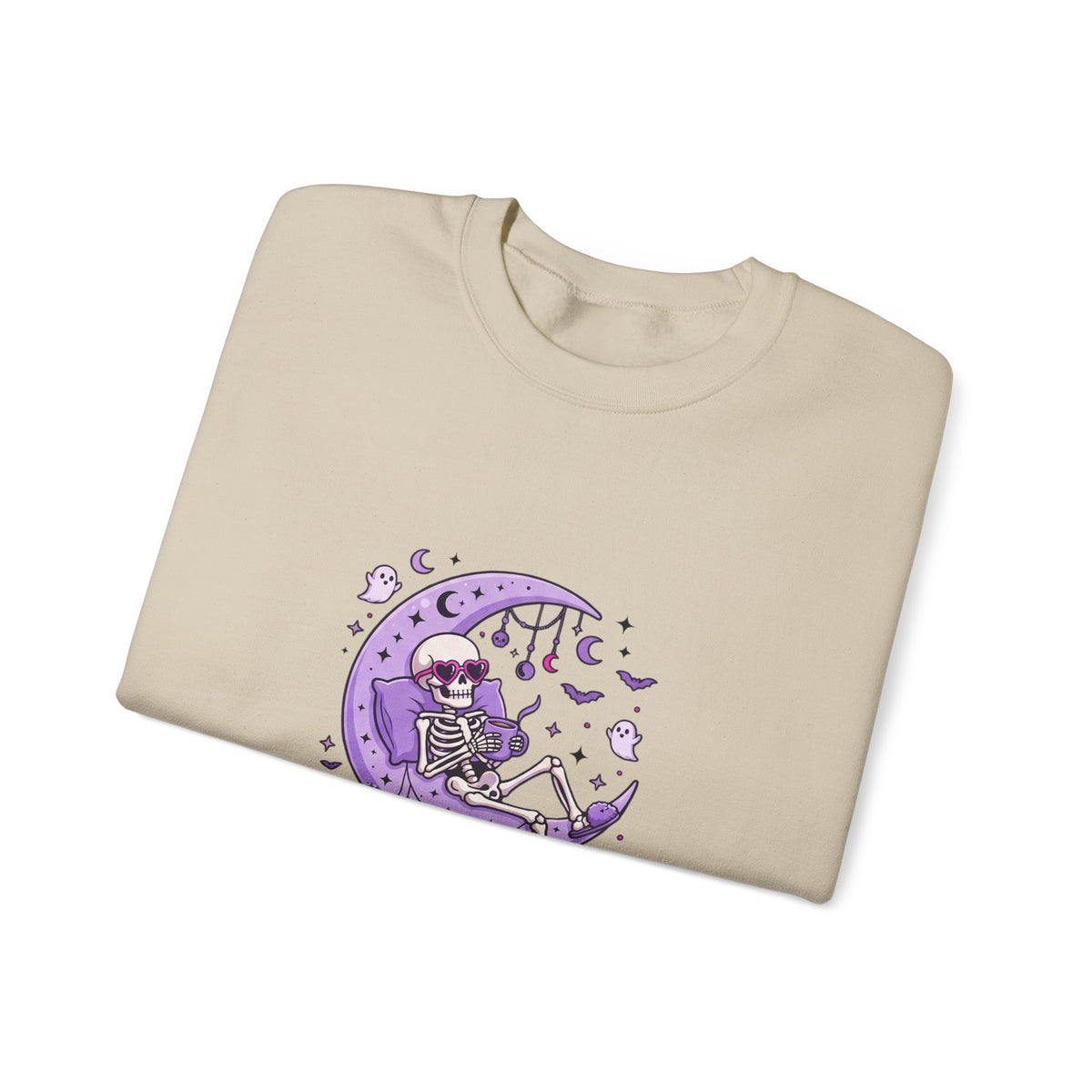 Skeleton on Moon Crewneck Sweatshirt — "Spooky & Unsocialized" Purple Gothic Graphic