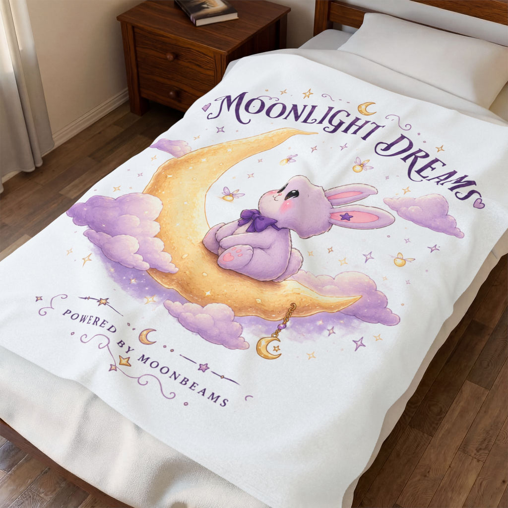 Moonlight Dreams Plush Blanket — Cute Bunny on Crescent Moon Velveteen Throw