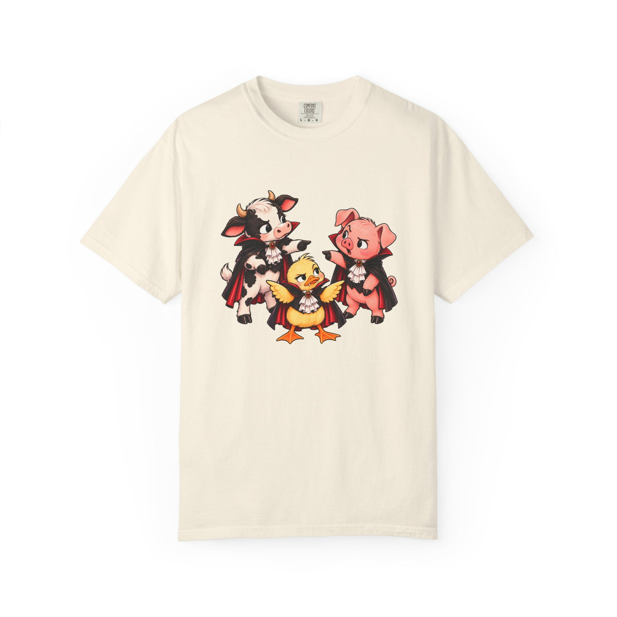 "This is why we have a wardrobe meeting first!" Cow, Pig & Chick Cartoon Graphic Tee