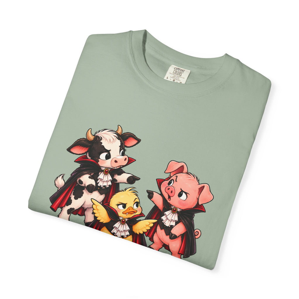 "This is why we have a wardrobe meeting first!" Cow, Pig & Chick Cartoon Graphic Tee