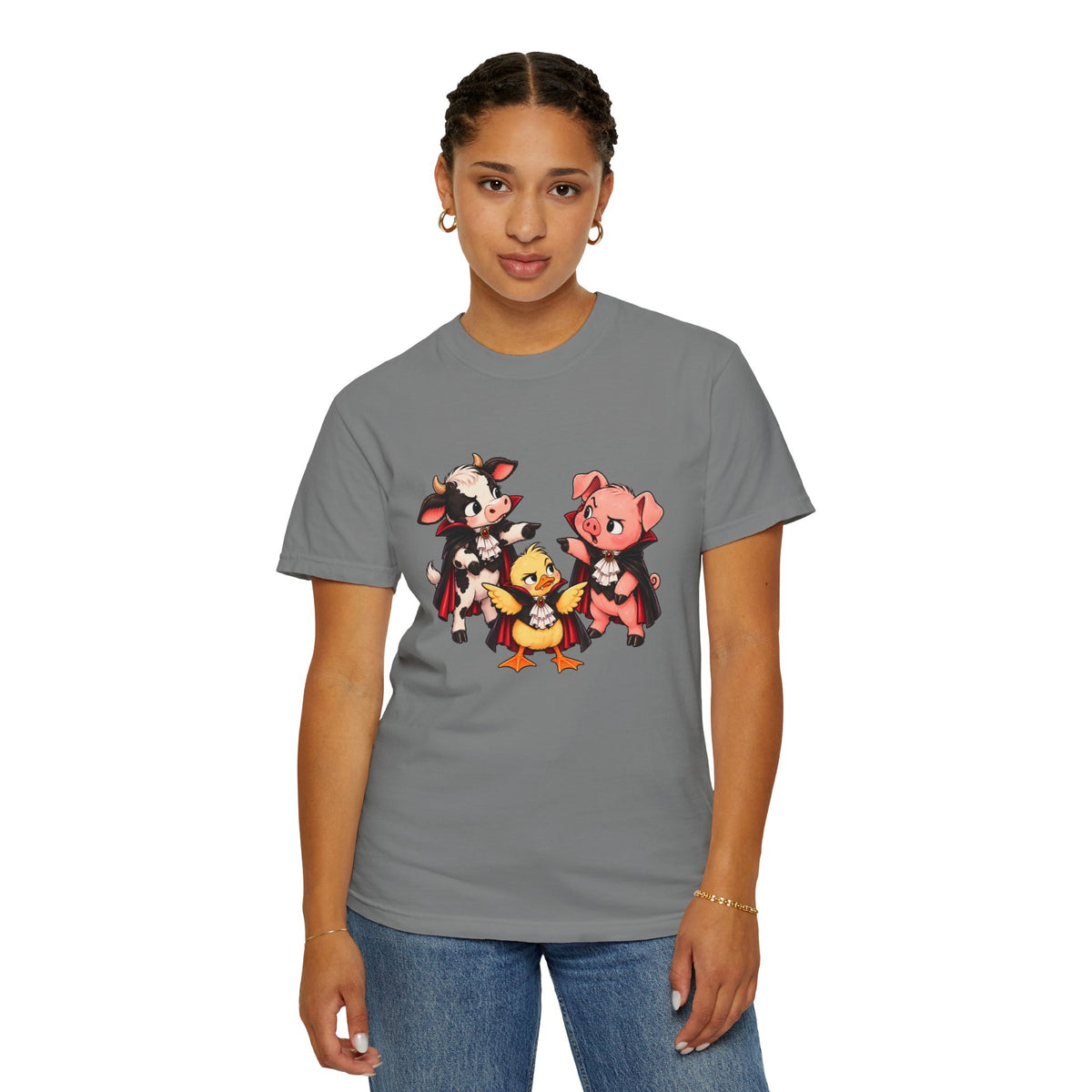 "This is why we have a wardrobe meeting first!" Cow, Pig & Chick Cartoon Graphic Tee