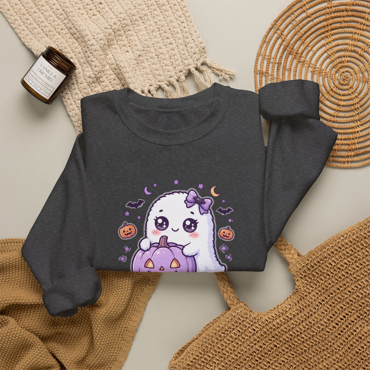 Crewneck Sweatshirt — "Too Cute to Spook" Ghost Pumpkin Halloween Pullover