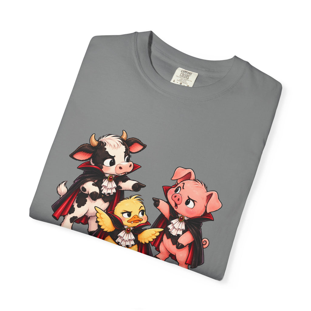 "This is why we have a wardrobe meeting first!" Cow, Pig & Chick Cartoon Graphic Tee