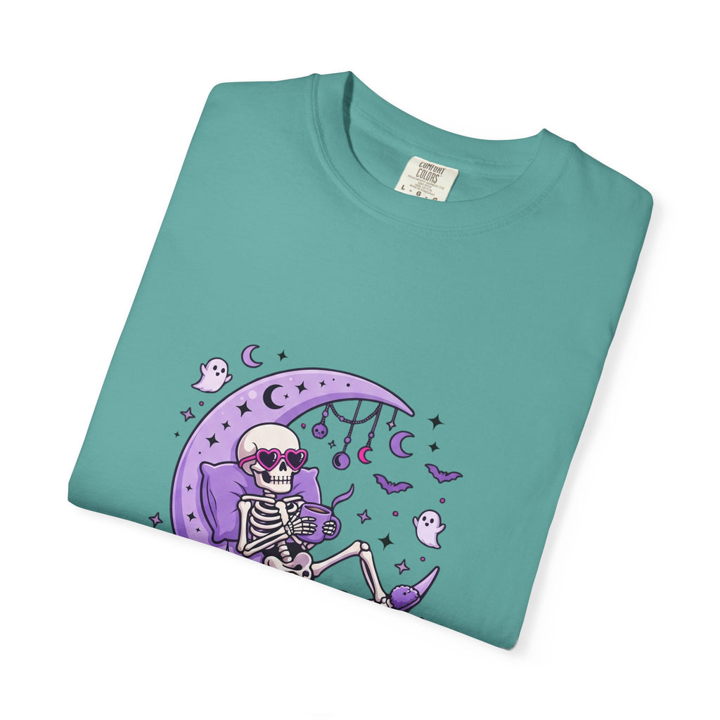 Spooky & Unbothered Skeleton Moon T-Shirt — Relaxed Gothic Graphic Tee