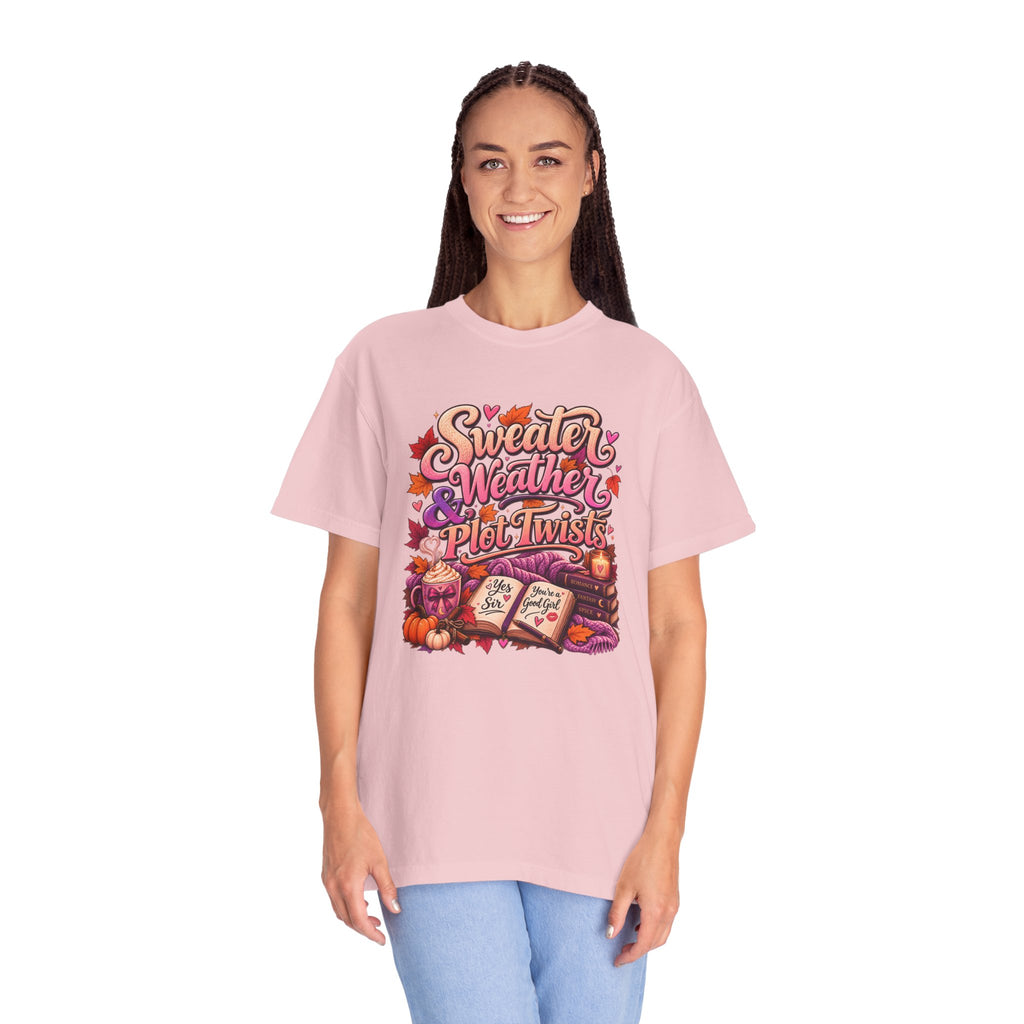 Sweater Weather Plot Twists Tee — Cozy Autumn Book Lover T-Shirt