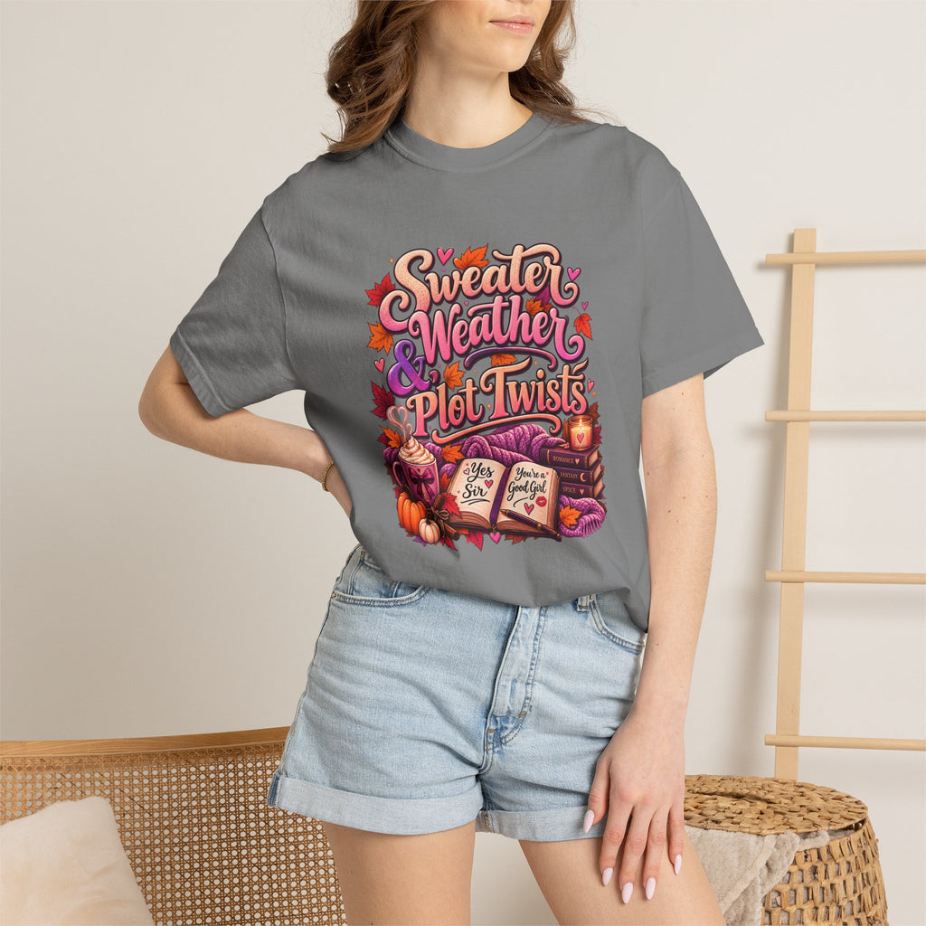 Sweater Weather Plot Twists Tee — Cozy Autumn Book Lover T-Shirt