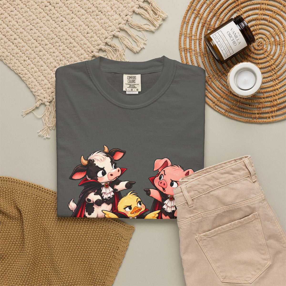 "This is why we have a wardrobe meeting first!" Cow, Pig & Chick Cartoon Graphic Tee