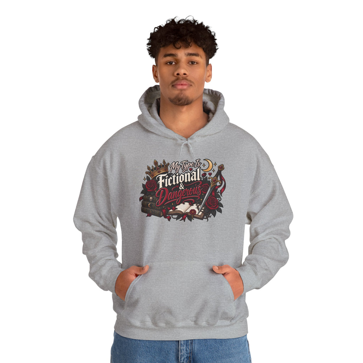 Hoodie — "My Type Is Fictional (Dangerous)" Booklover Graphic Pullover