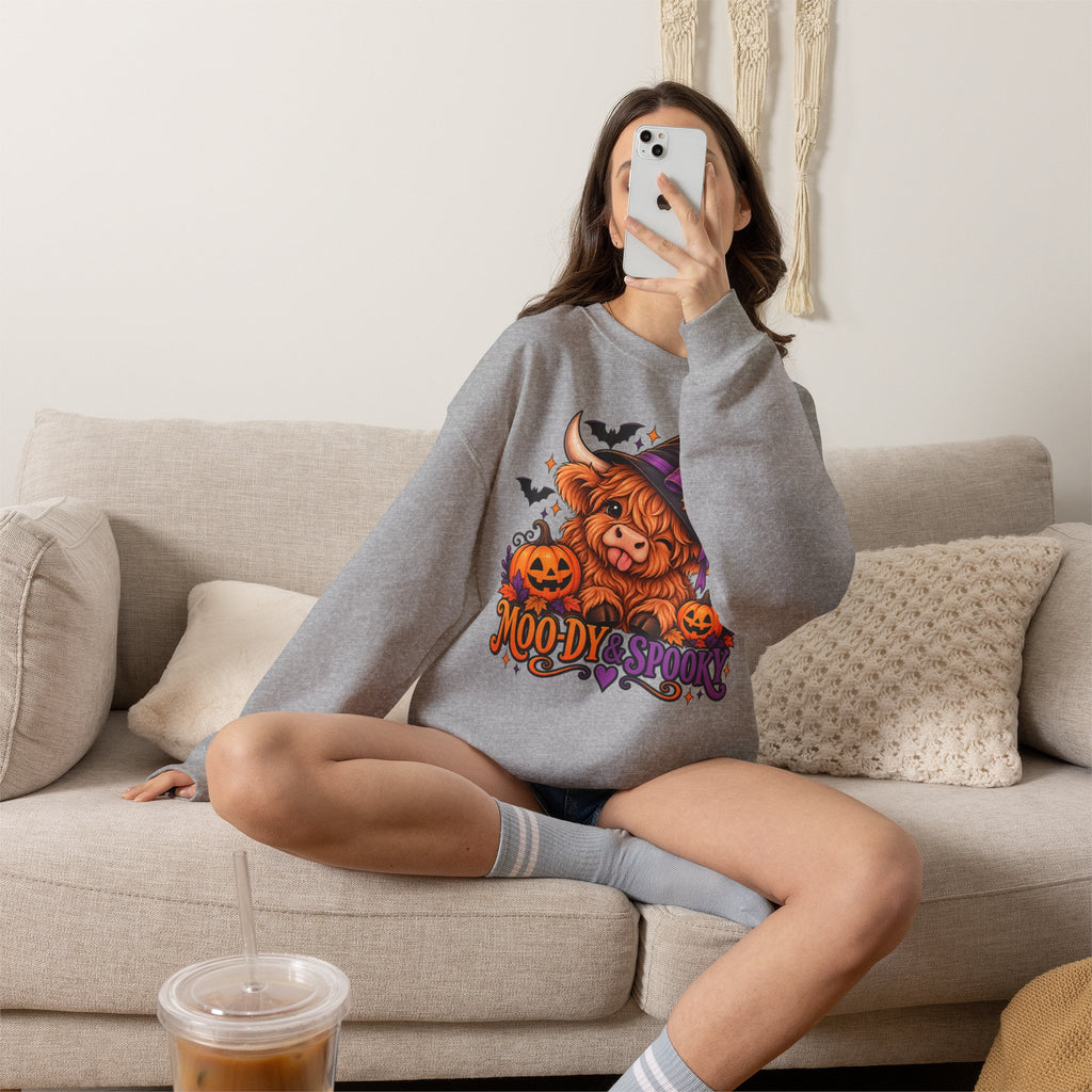 "Moo-dy & Spooky" Highland cow sweatshirt