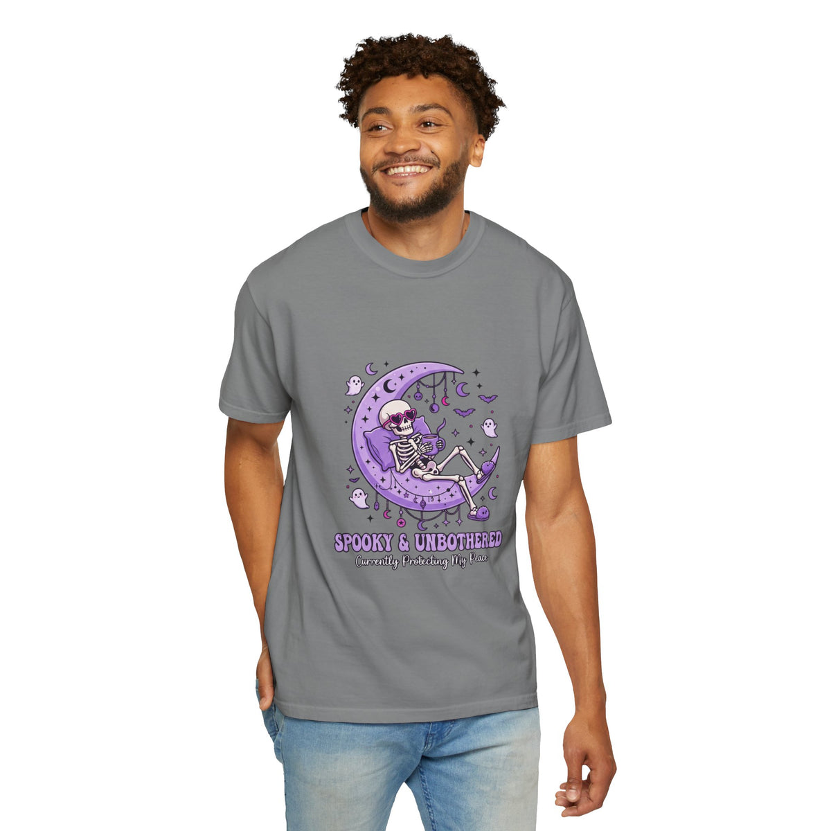 Spooky & Unbothered Skeleton Moon T-Shirt — Relaxed Gothic Graphic Tee