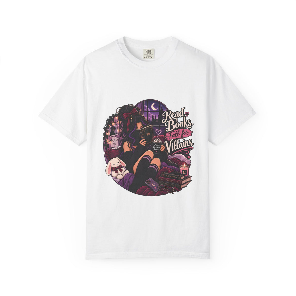 T-Shirt — "Ready Book & Fall for Villains" Gothic Reading Graphic Tee