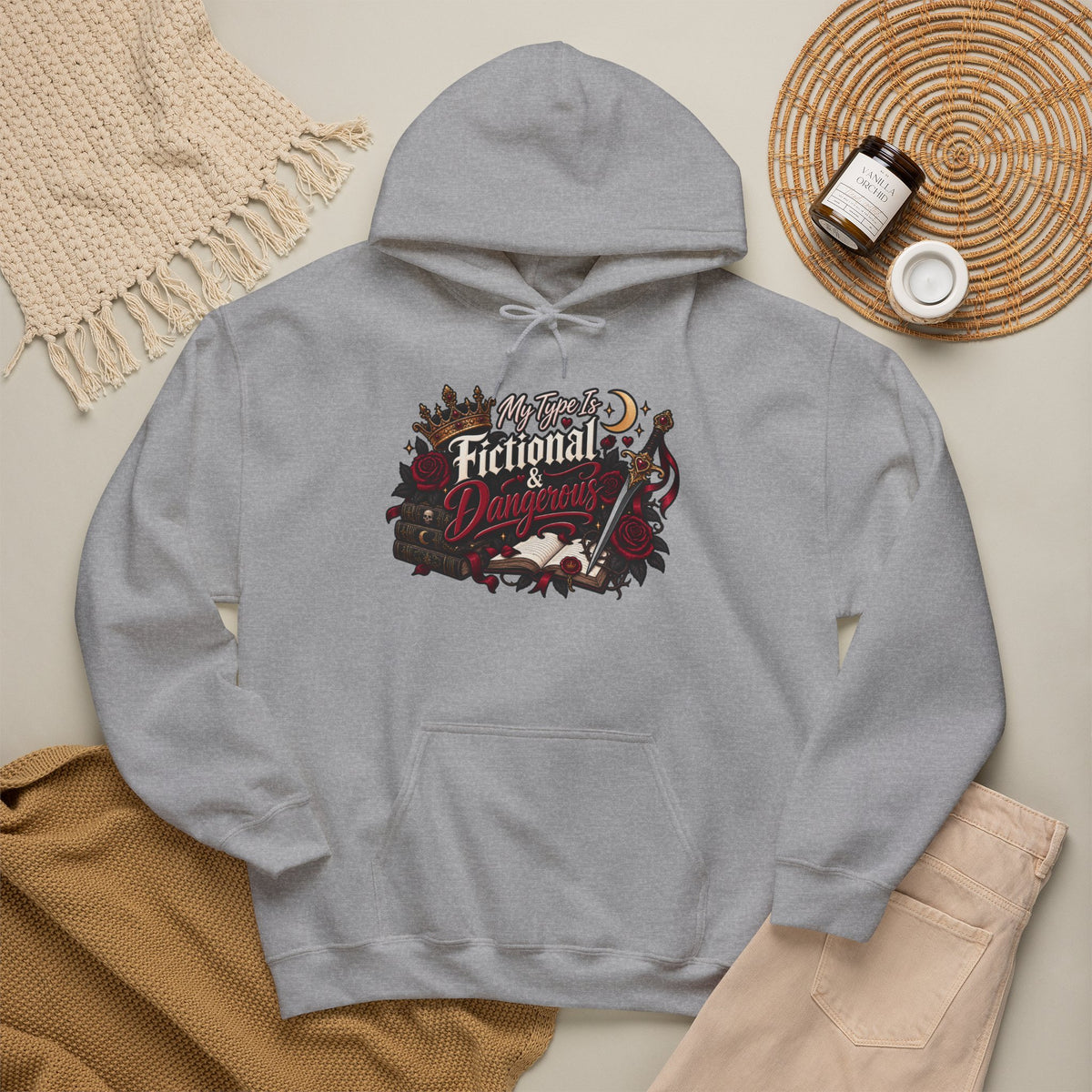 Hoodie — "My Type Is Fictional (Dangerous)" Booklover Graphic Pullover