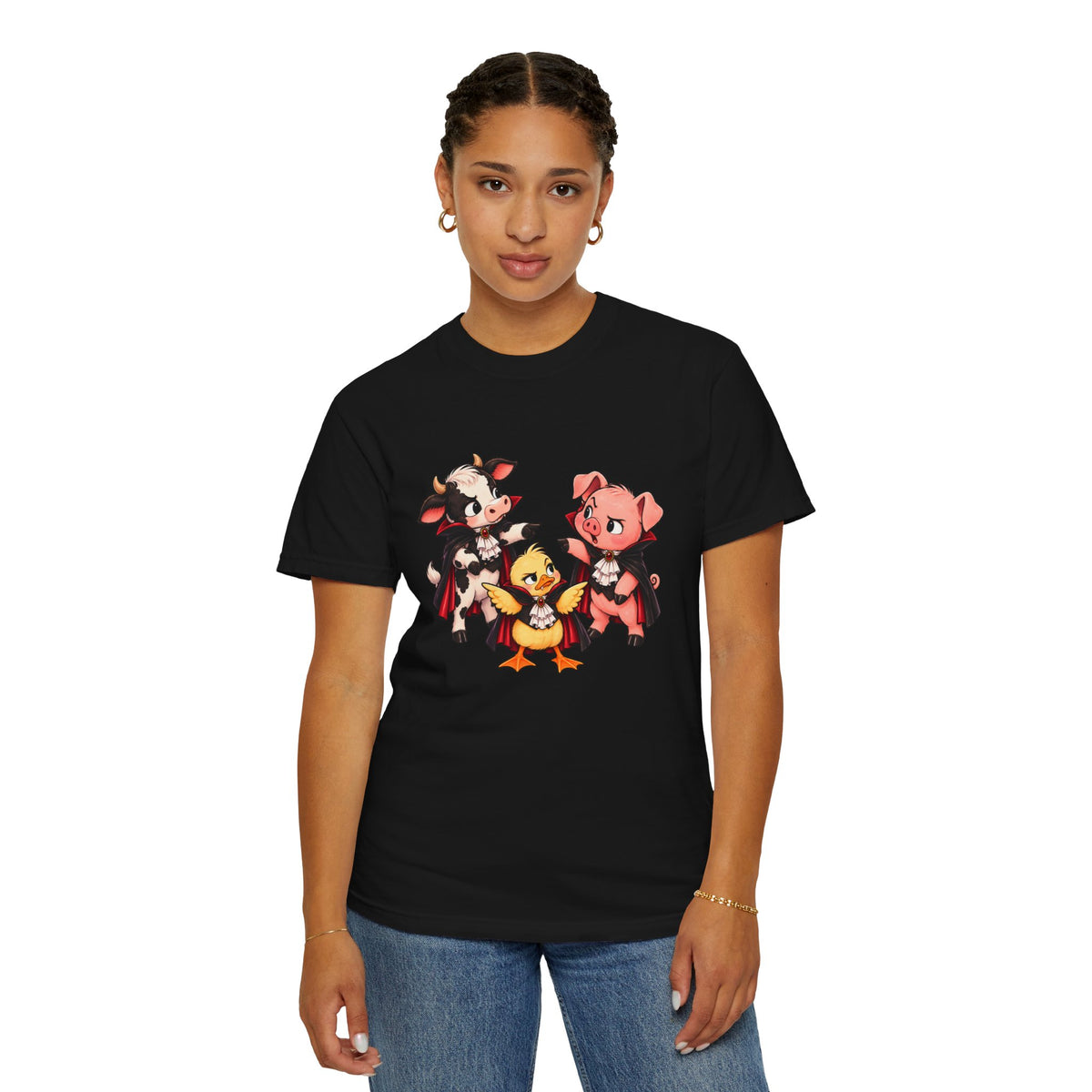 "This is why we have a wardrobe meeting first!" Cow, Pig & Chick Cartoon Graphic Tee