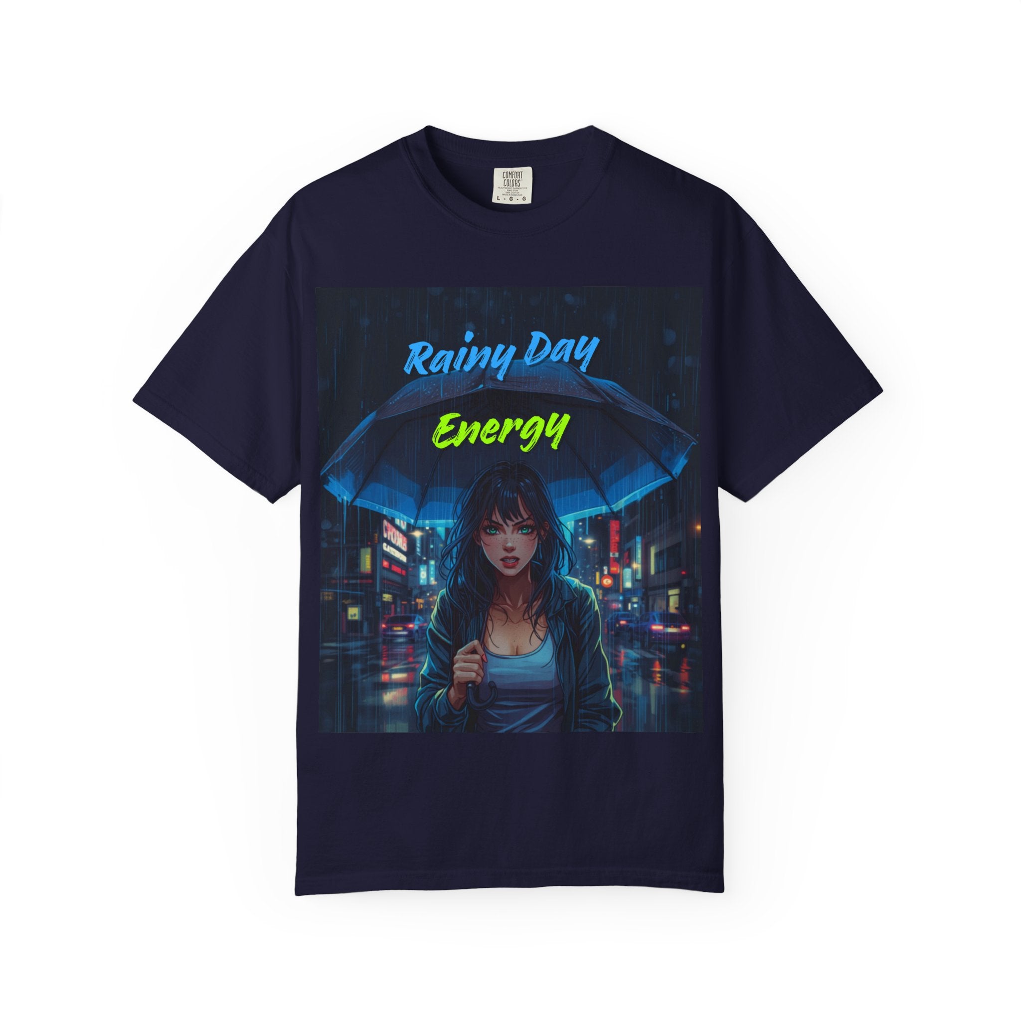 Rainy Day Energy T-Shirt — Neon Cyberpunk Umbrella Design