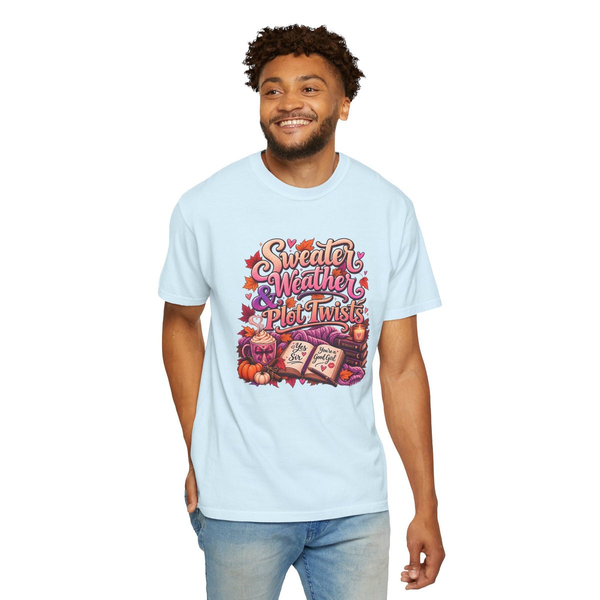 Sweater Weather Plot Twists Tee — Cozy Autumn Book Lover T-Shirt