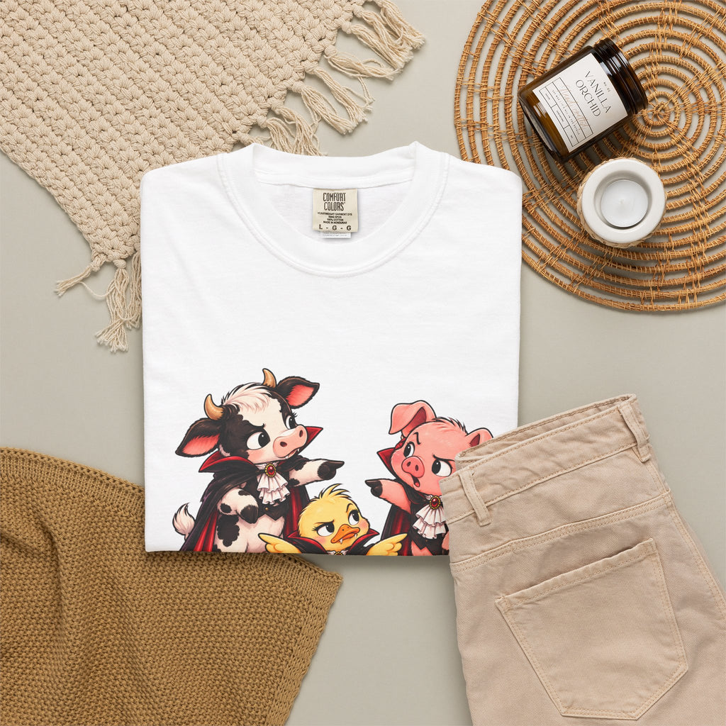 "This is why we have a wardrobe meeting first!" Cow, Pig & Chick Cartoon Graphic Tee