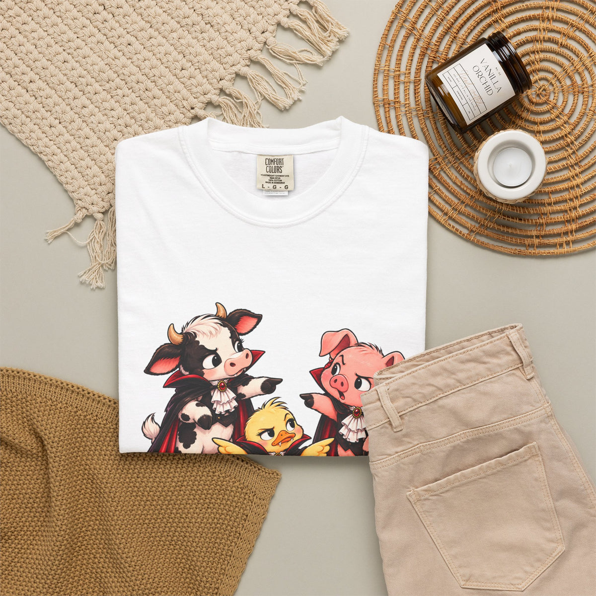 "This is why we have a wardrobe meeting first!" Cow, Pig & Chick Cartoon Graphic Tee
