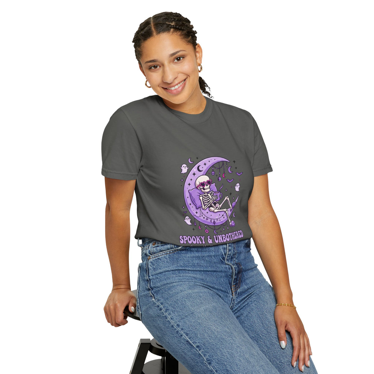 Spooky & Unbothered Skeleton Moon T-Shirt — Relaxed Gothic Graphic Tee