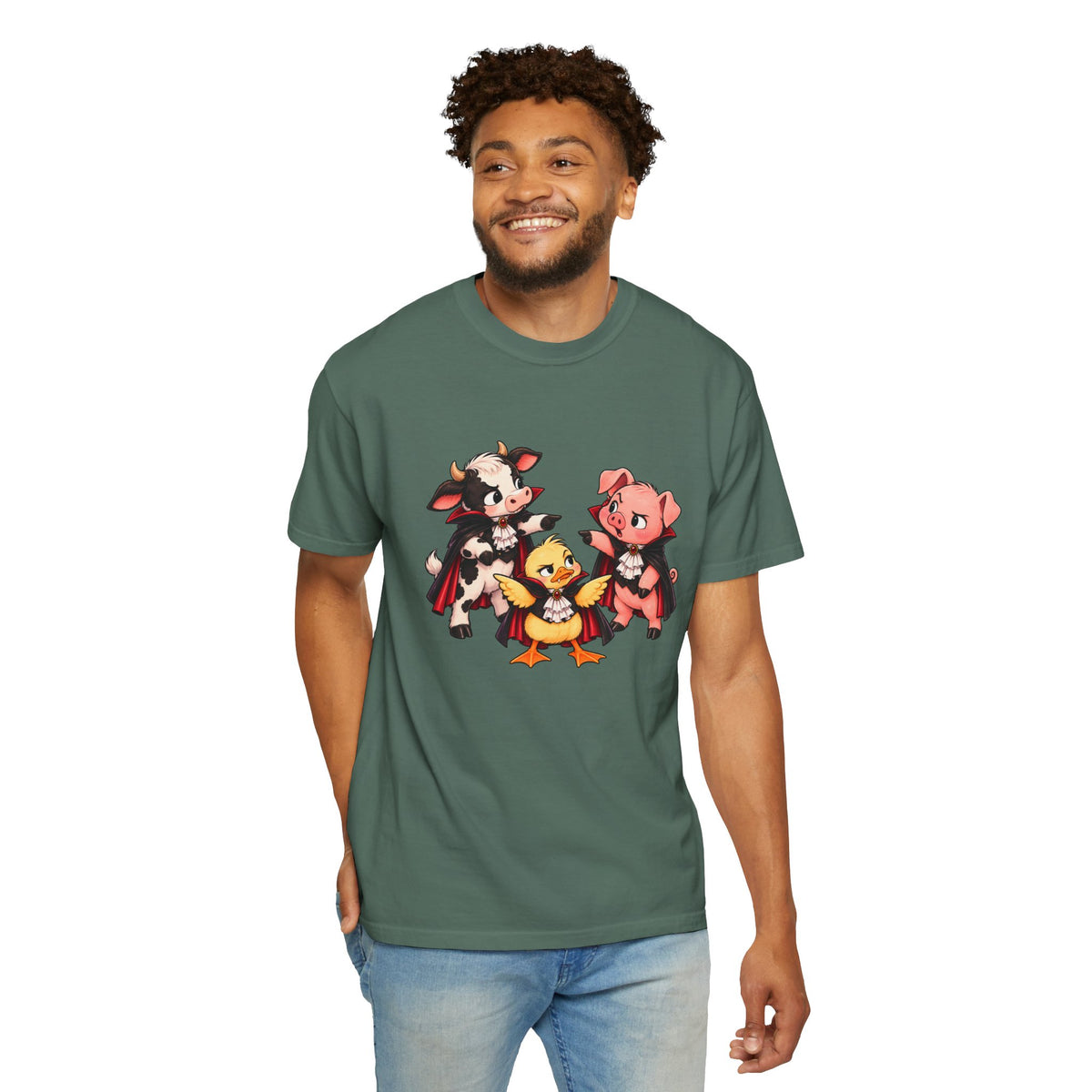 "This is why we have a wardrobe meeting first!" Cow, Pig & Chick Cartoon Graphic Tee