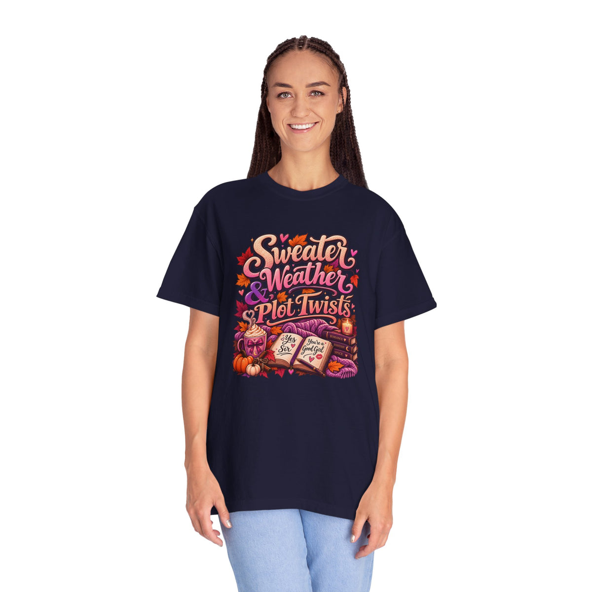 Sweater Weather Plot Twists Tee — Cozy Autumn Book Lover T-Shirt