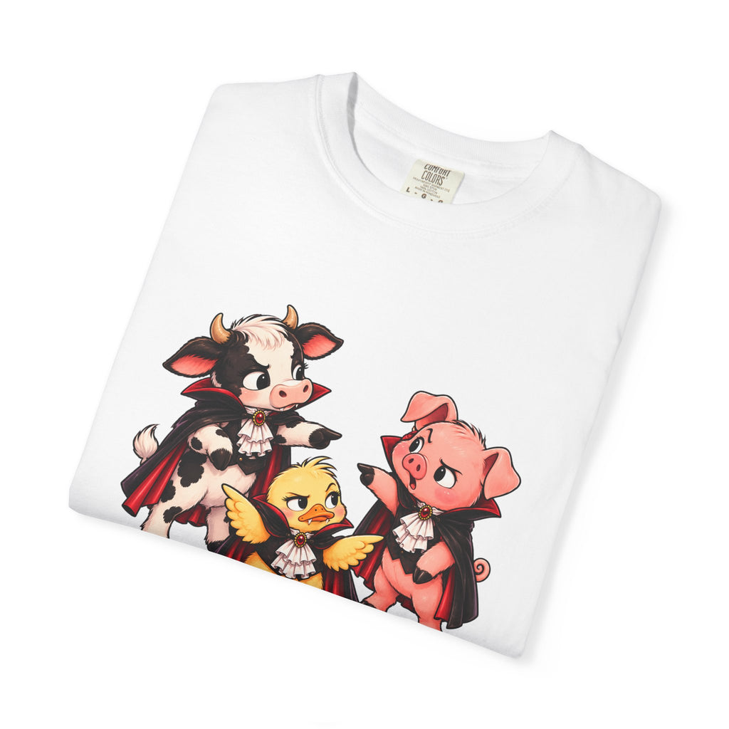 "This is why we have a wardrobe meeting first!" Cow, Pig & Chick Cartoon Graphic Tee