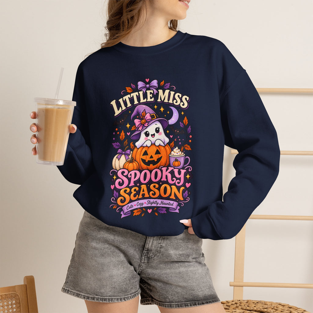 Little Miss Spooky Season Sweatshirt — Cute Halloween Ghost & Pumpkin Crewneck