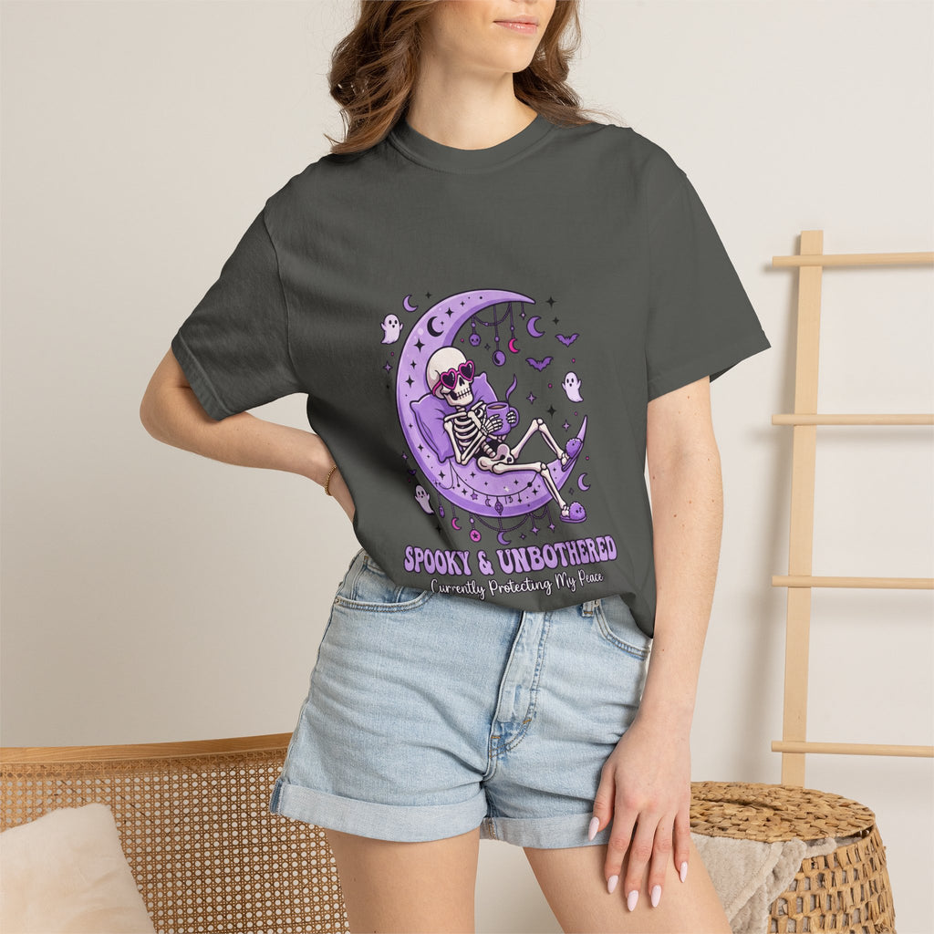 Spooky & Unbothered Skeleton Moon T-Shirt — Relaxed Gothic Graphic Tee