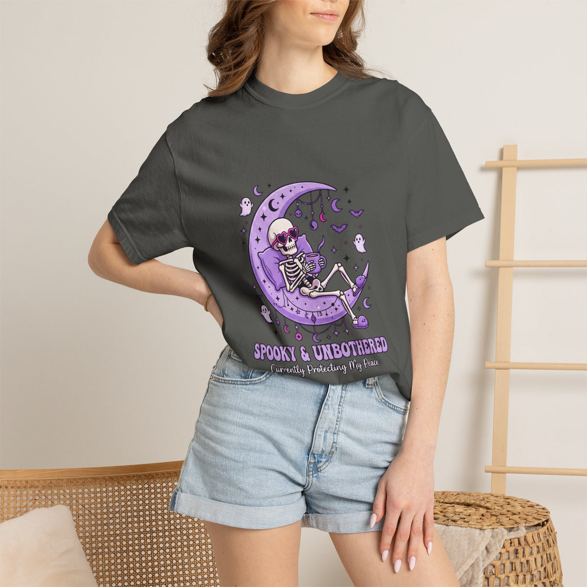 Spooky & Unbothered Skeleton Moon T-Shirt — Relaxed Gothic Graphic Tee