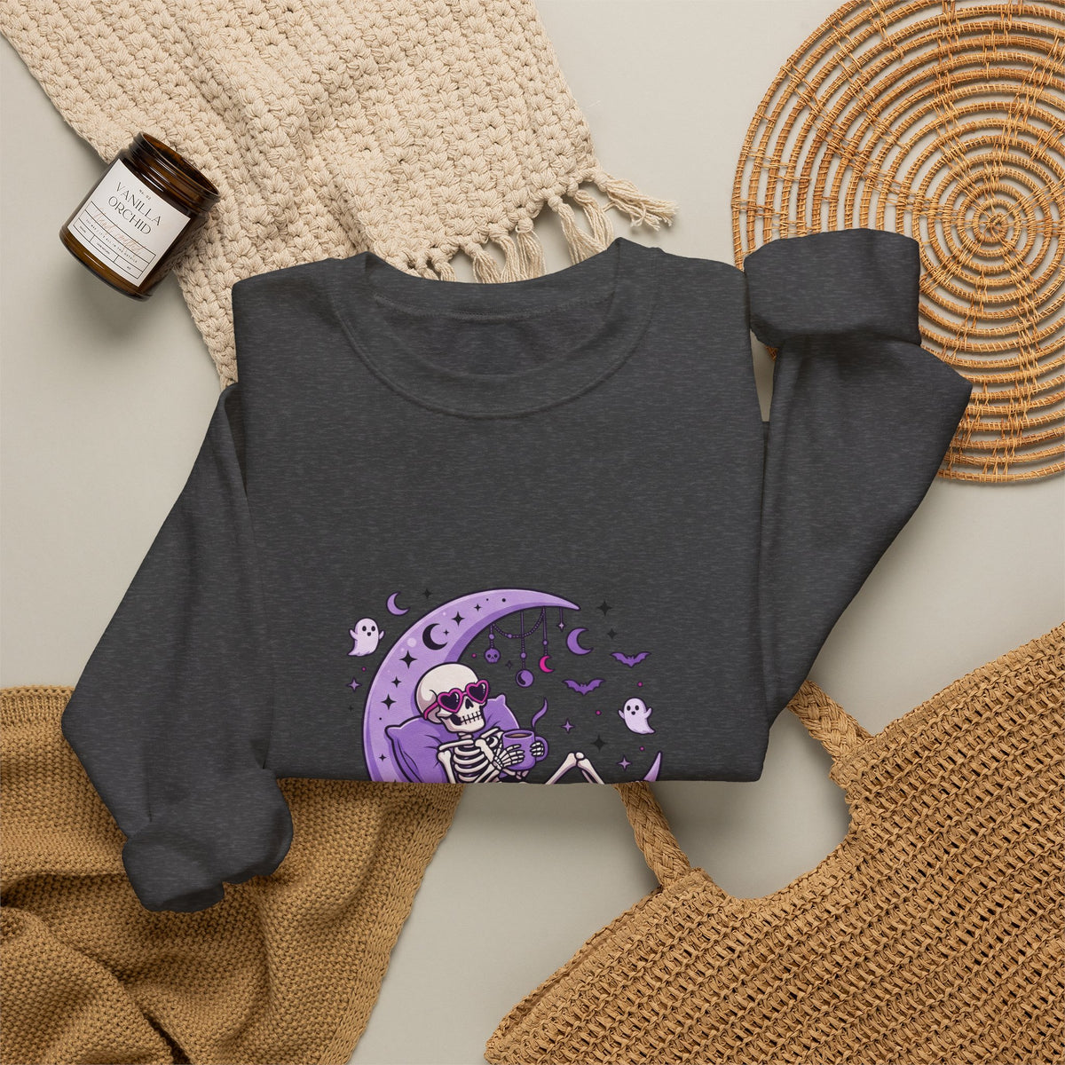 Skeleton on Moon Crewneck Sweatshirt — "Spooky & Unsocialized" Purple Gothic Graphic