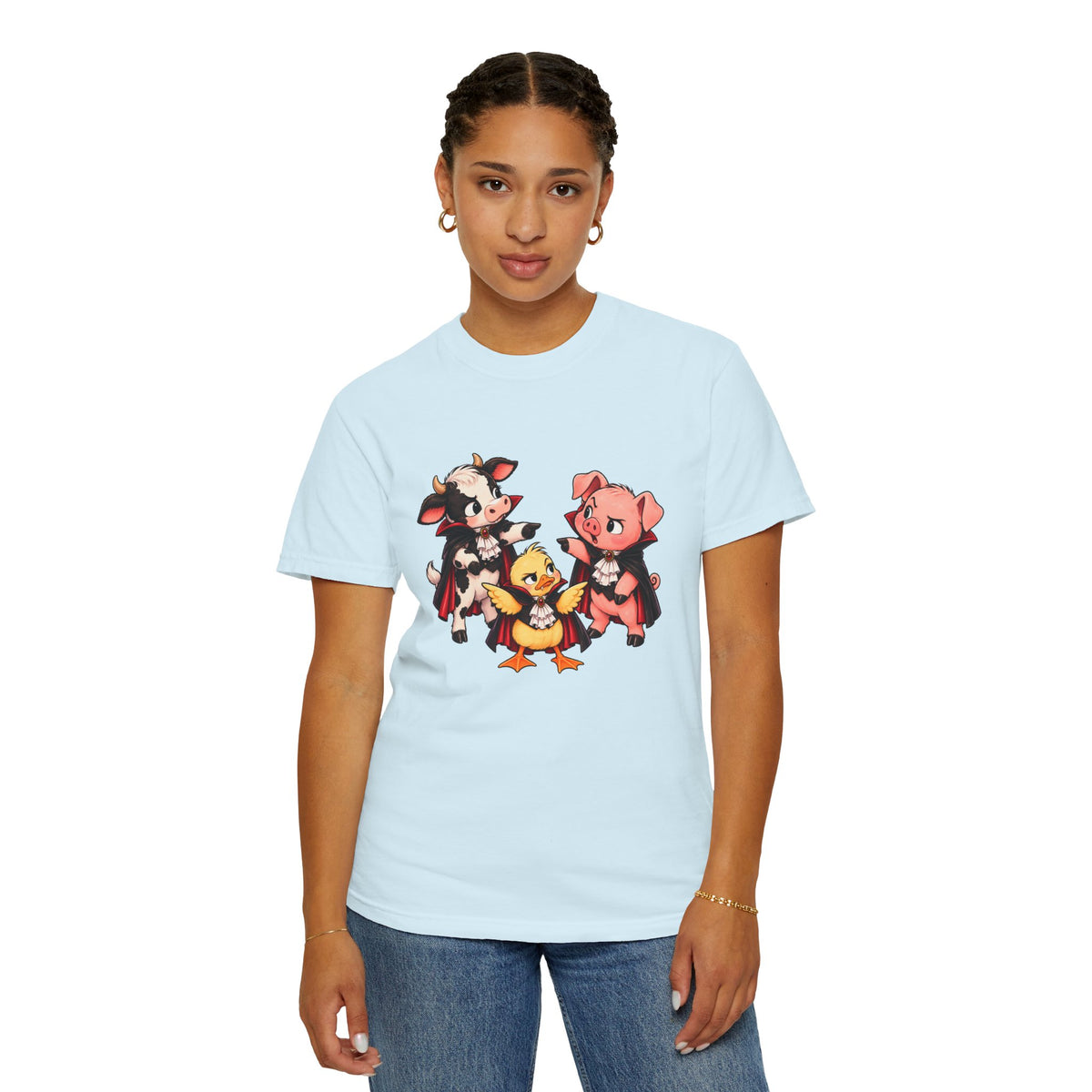 "This is why we have a wardrobe meeting first!" Cow, Pig & Chick Cartoon Graphic Tee