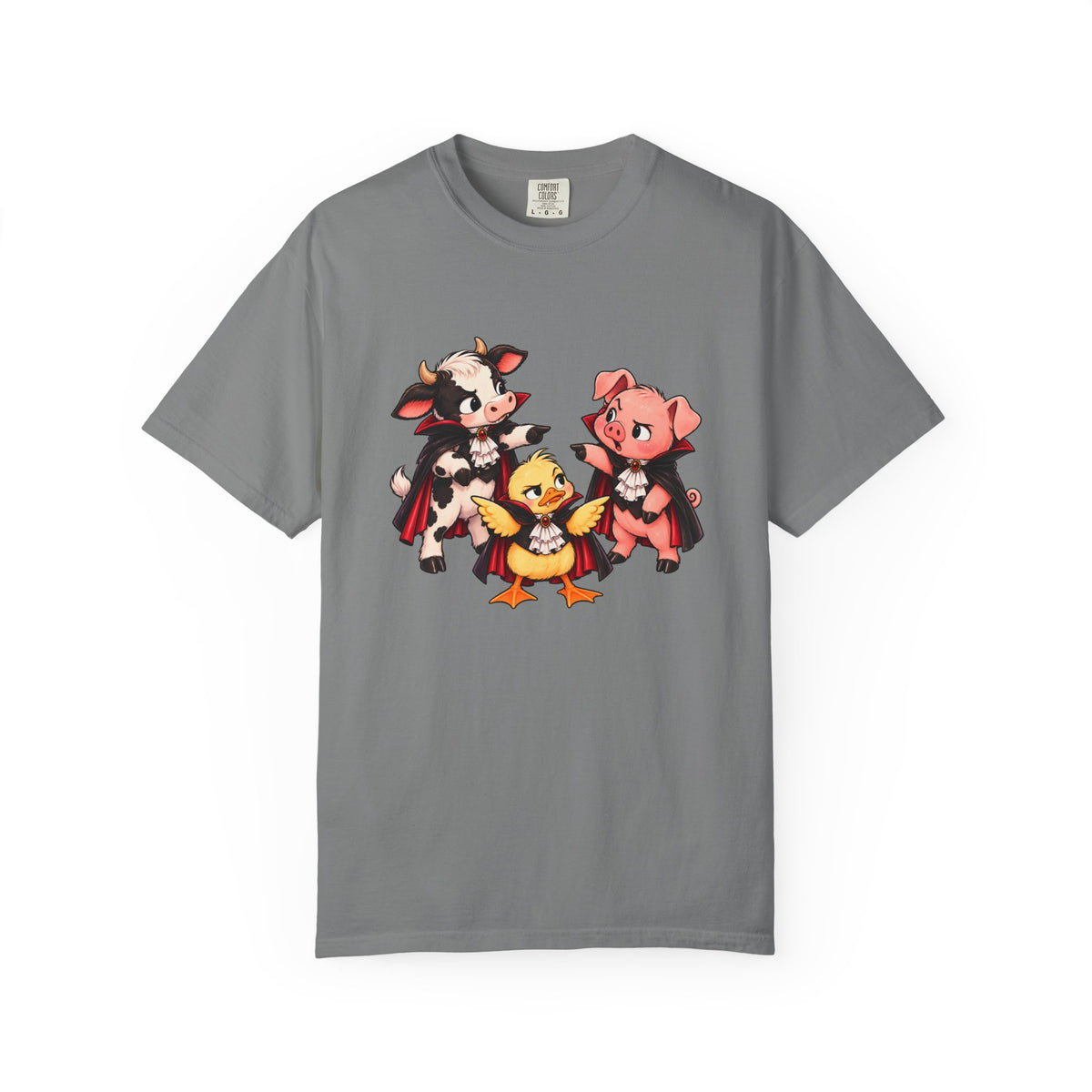 "This is why we have a wardrobe meeting first!" Cow, Pig & Chick Cartoon Graphic Tee