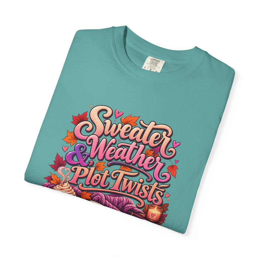Sweater Weather Plot Twists Tee — Cozy Autumn Book Lover T-Shirt