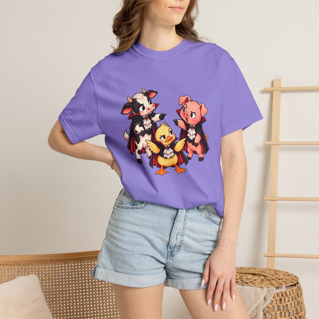 "This is why we have a wardrobe meeting first!" Cow, Pig & Chick Cartoon Graphic Tee