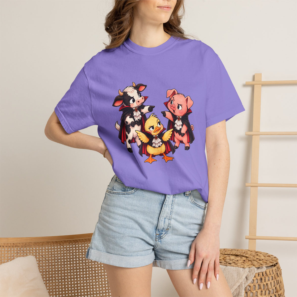 "This is why we have a wardrobe meeting first!" Cow, Pig & Chick Cartoon Graphic Tee