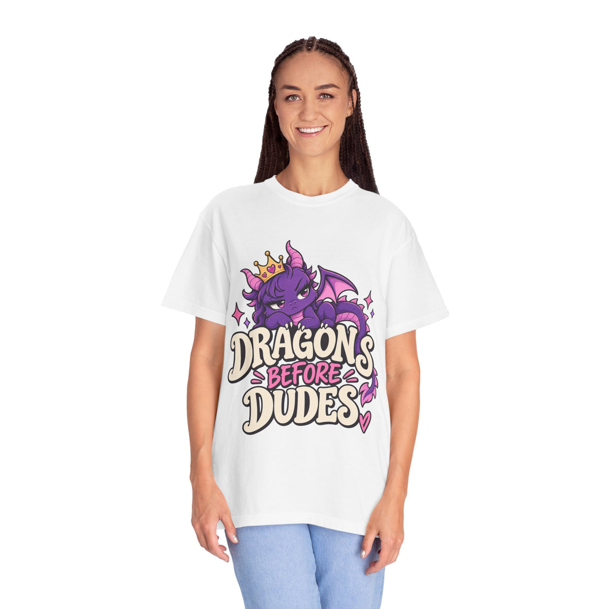 Dragons Before Dudes T-Shirt — Cute Purple Dragon Graphic Tee for Women & Fans